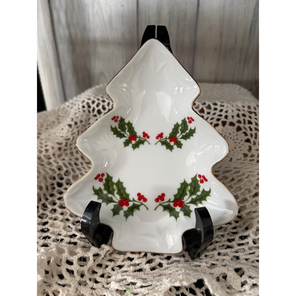 Christmas Holly Fine Porcelain Tree Candy Dish Japan Gold Trim Holiday Decor